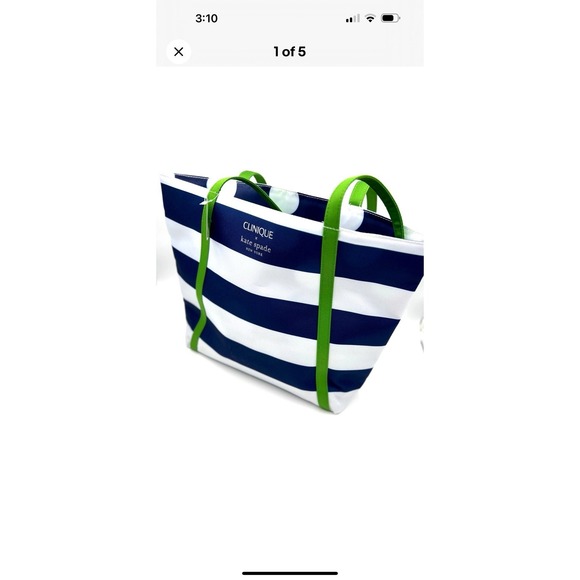 Clinique x Kate Spade Shopping Shoulder Tote Bag~Navy White Stripe~ Green Strip - Picture 1 of 4